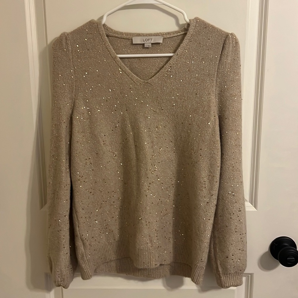 Loft GOLD Sequin ✨ Sparkle Sweater Puff sleeve Holidays New Year's Christmas